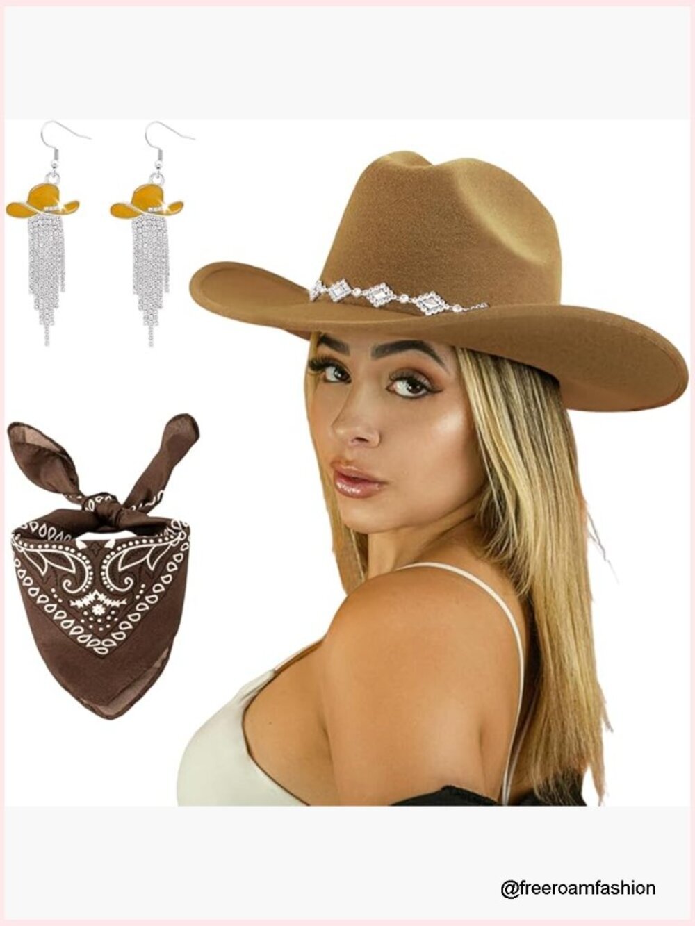 Cowboy Hat with Rhinestones, Bandana & Tassel Earrings Set